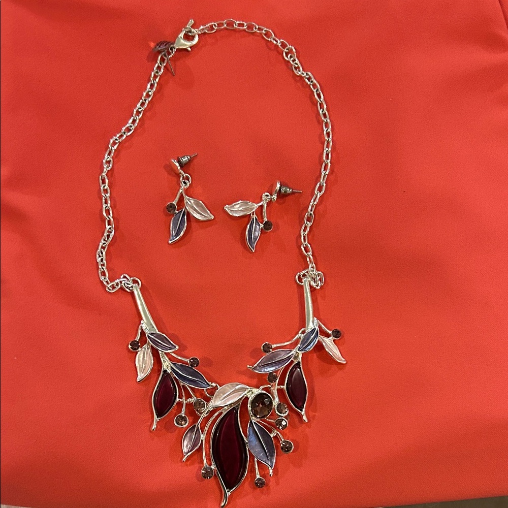 Rosemarie Collection Purple & SilverLeaf Necklace and Earrings Statement Piece